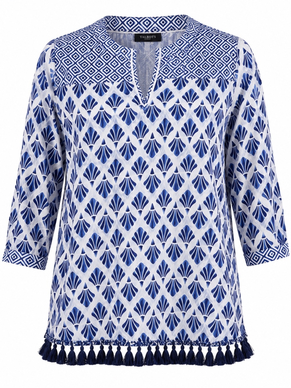 Talbots Blue & White Geometric Shell Print Tunic Top with Tassel Hem Size M